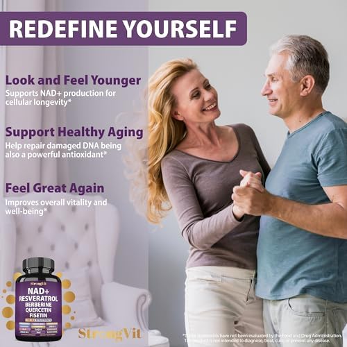 Side profile of StrongVit Neumina NAD Resveratrol Supplement bottle highlighting vegan capsules count
