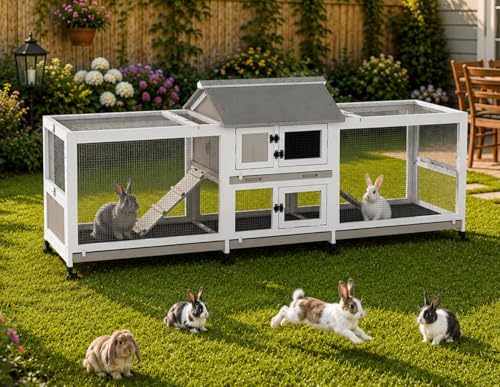 Extra Large 2-Story Rabbit Hutch Indoor and Outdoor with Dual Run Areas for 2-6 Rabbits & Guinea Pig, Wooden Bunny Hutch with 4 Pull-Out Trays, 2 Chew-Proof Ramps, Asphalt Roof, 8 Lockable Wheels - Image 2