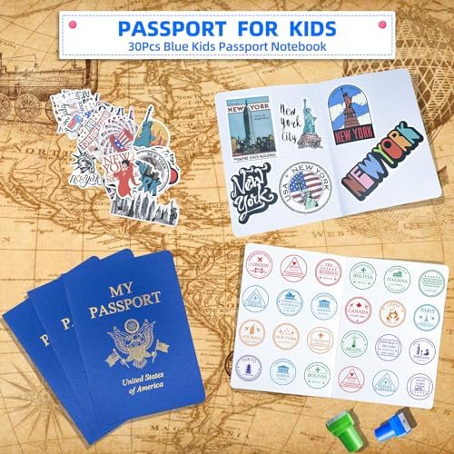 Stack of 30 blue pretend passport booklets for party favors