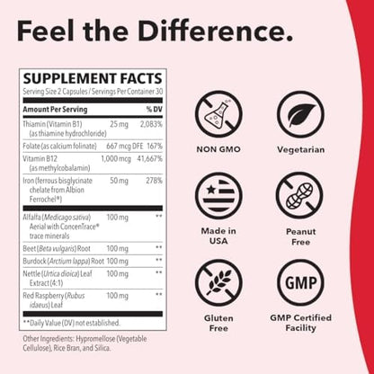 LifeSeasons Blood Nourish-R dietary supplement facts panel listing iron and Vitamin B12 values.