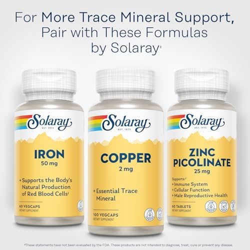 Side view of Solaray Copper 100 VegCaps packaging emphasizing the non-GMO and lab-verified purity logos.