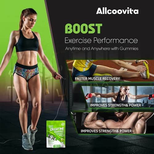 Athletic fitness lifestyle product display with Allcoovita creatine gummies