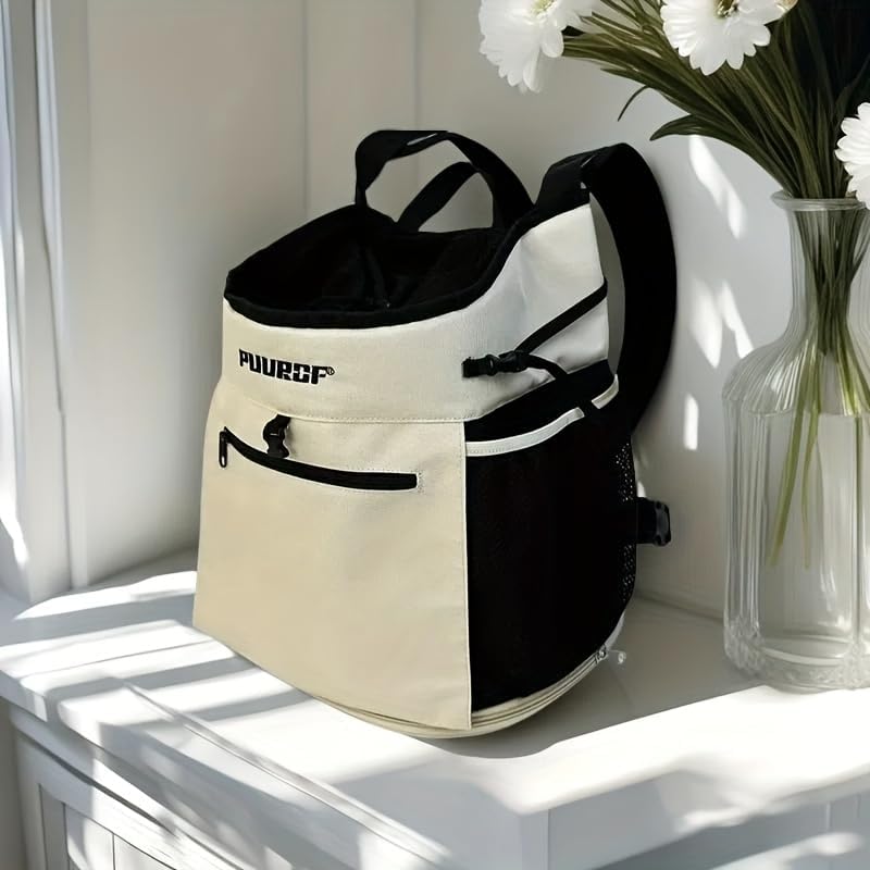 PUUROF pet carrier backpack front view in beige color showing mesh ventilation