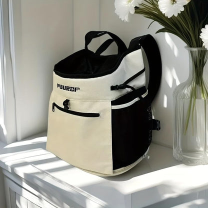 PUUROF pet carrier backpack front view in beige color showing mesh ventilation
