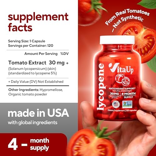 VitaUp Lycopene 120 vegetable capsules supplement label details