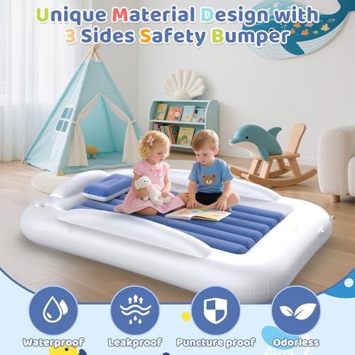 Deeteck blue inflatable toddler bed being deflated and packed into travel bag