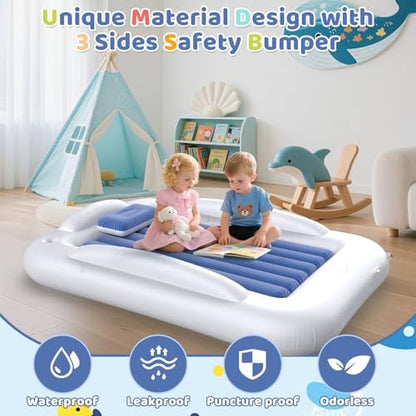 Deeteck blue inflatable toddler bed being deflated and packed into travel bag