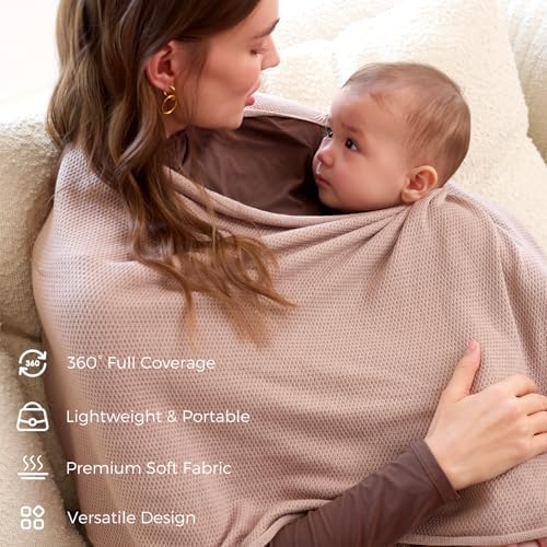 Momcozy soft knit nursing shawl worn as a fashion scarf