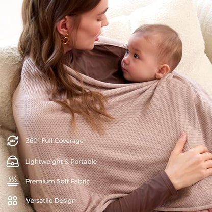 Momcozy soft knit nursing shawl worn as a fashion scarf
