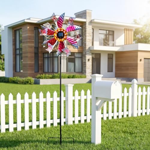 Detailed view of solar panel and LED string lights on wind spinner