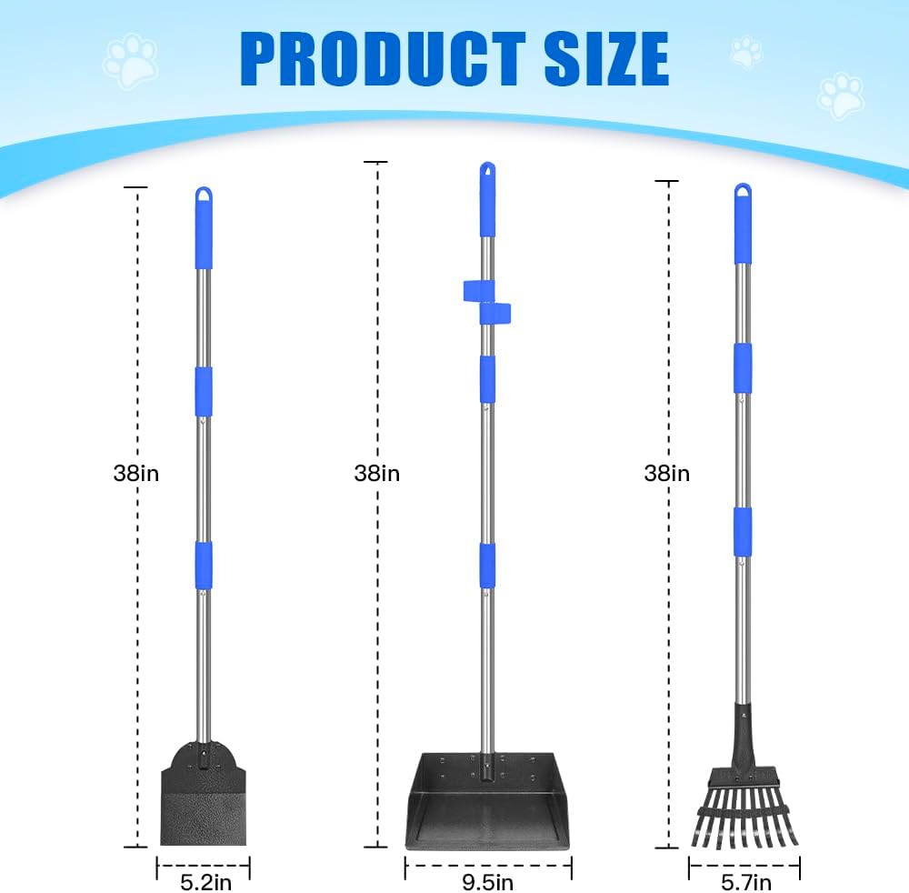 Extra large metal tray and heavy duty rake for cleaning large dog breeds yard waste.