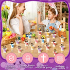 Assorted colors of the miniature religious collectible dolls arranged neatly to display the yellow blue and purple variants