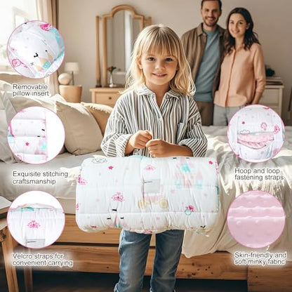 Rolled up portable children slumber bag with carrying handle