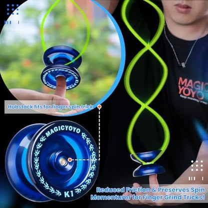 MAGICYOYO K1 Professional Responsive Yoyo for Kids 8-12, Hubstacks Yo-yo for Kids, Dual Purpose Yoyo with Unresponsive Bearing, Storage Bag + 12 Strings +Yo-Yo Glove +2 Yo yo Hubstacks (Dark Blue) - Image 3