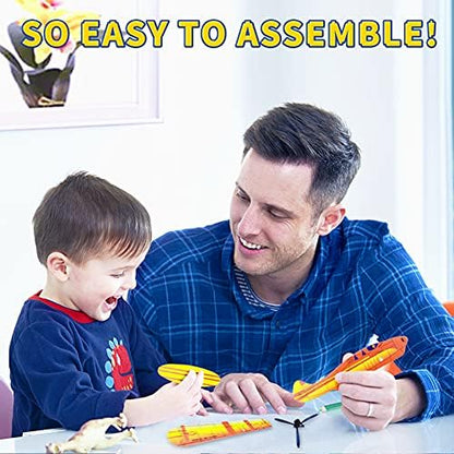 Children assembling the interlocking wings of the visen airplane favor toy in an open outdoor park setup.