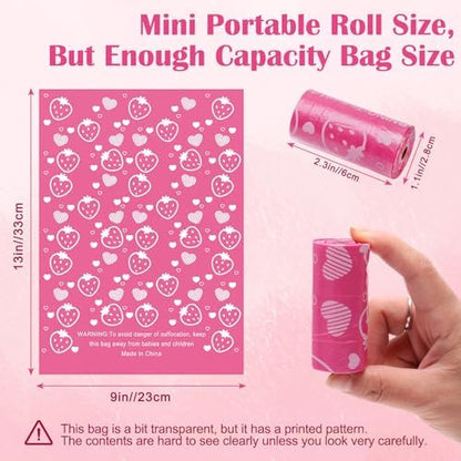 Close up of Luxiv disposable personal care bags with pink strawberry pattern.