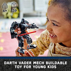 LEGO Darth Vader minifigure with red lightsaber standing outside the open cockpit