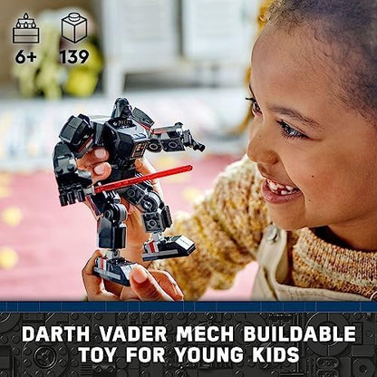 LEGO Darth Vader minifigure with red lightsaber standing outside the open cockpit