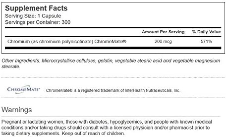 Supplement facts and ingredients label on the back of the Vitacost niacin bound chromium complex bottle.