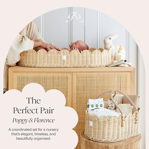 Bebe Bask diaper storage basket held by vegan leather handles