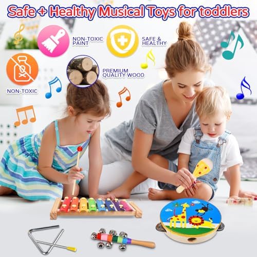 Wooden percussion toddler toys neatly organized outside the custom carrying bag