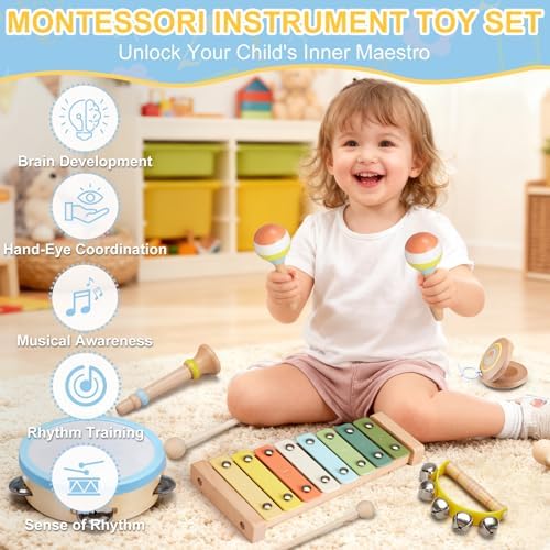 Toddler hands playing with the Ehome wooden xylophone preschool learning toy