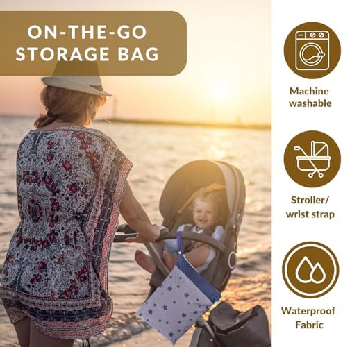 Side view of BebeBiu travel wet bag with hanging handle
