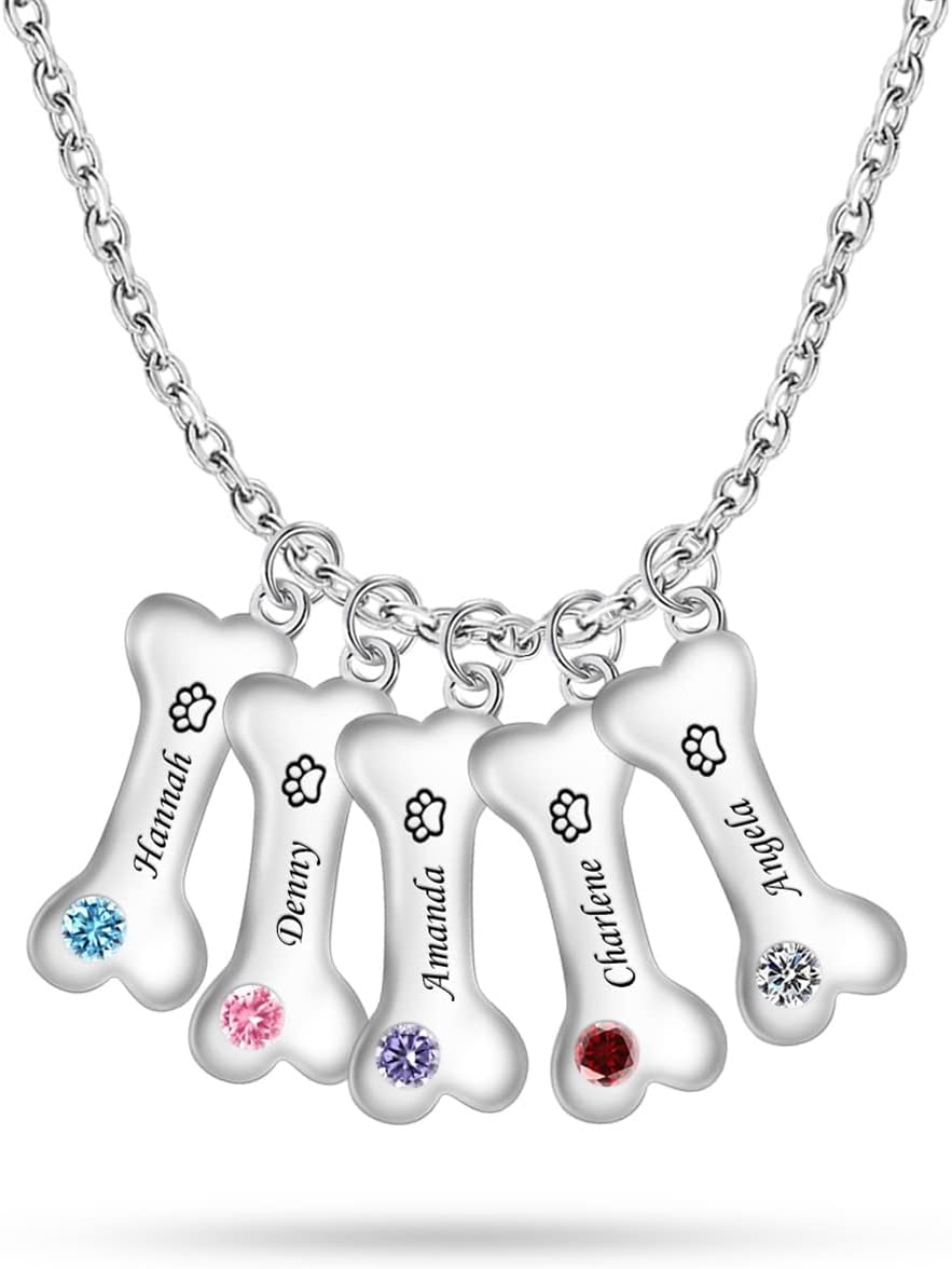 Custom Bone Necklace Engraved 1-5 Names Personalized Dog Pendant With Paw Print Birthstone for Dog Lovers - Image 10