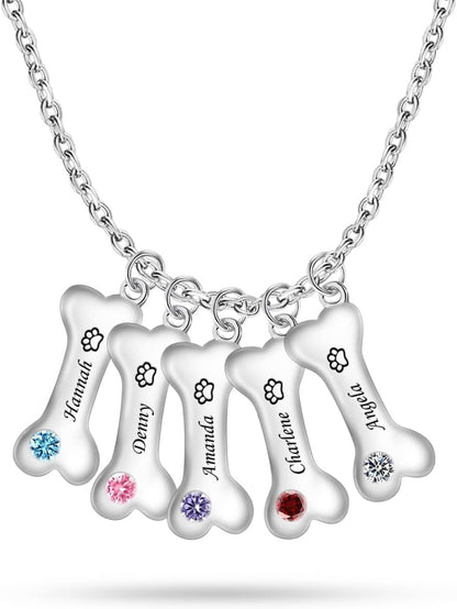 Custom Bone Necklace Engraved 1-5 Names Personalized Dog Pendant With Paw Print Birthstone for Dog Lovers - Image 10