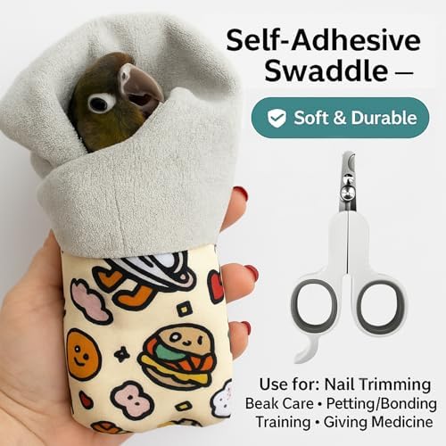 Self-adhesive anti-scratch pet wrap being used to securely hold a budgie
