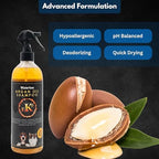 E3 waterless dry shampoo for dogs showing argan oil scent benefits
