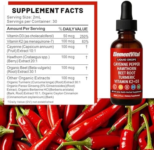 Pucges Element Vital liquid herbal drops ingredient label showing turmeric and hawthorn