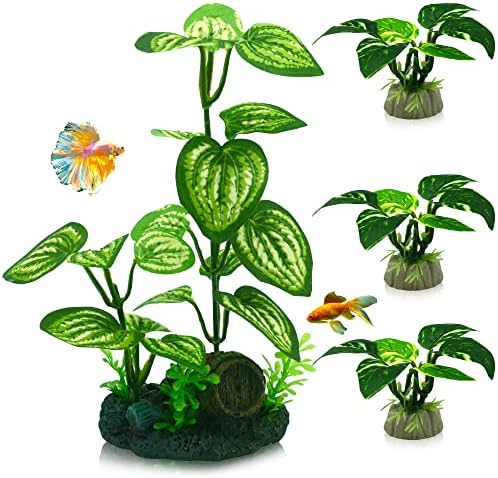 Four piece set of EDGCTYU fish tank decorations with weighted resin bases resting on gravel