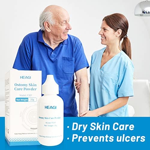 Heagimed protective skin barrier powder displayed alongside medical grade ostomy accessories