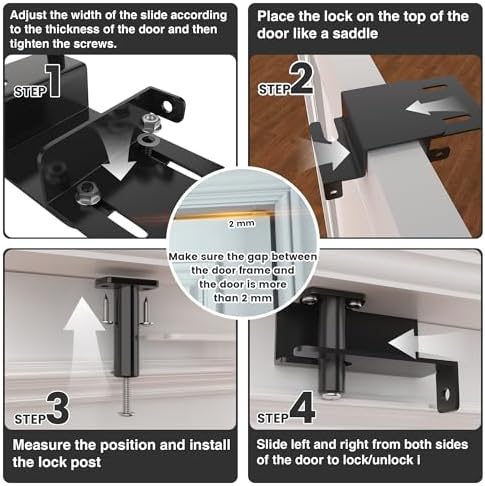 Black child safety glide lock mounted on top of an exterior door highlighting the 2 mm gap clearance