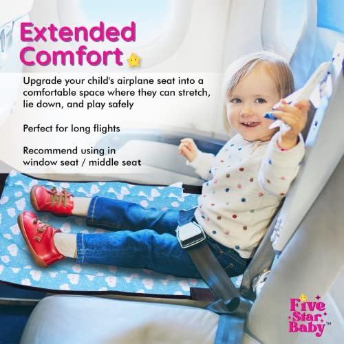 FIVESTARBABY airplane seat extender for kids attached to a commercial airline seat for travel comfort.
