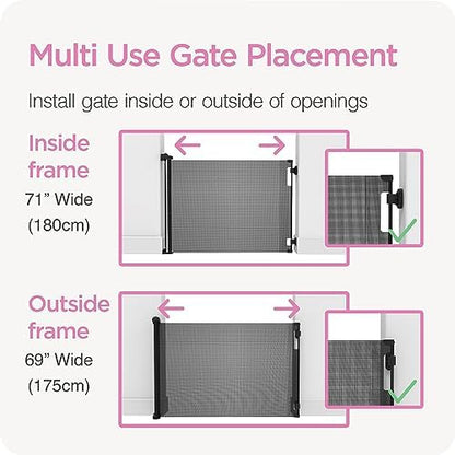 Perma Child Safety hardware mount retractable gate installed at the bottom of stairs.
