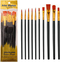 Artstorys acrylic paint brushes set front view featuring twenty black handled artist paintbrushes with round pointed tips
