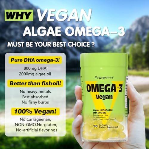 Premium carrageenan free vegan omega 3 capsules by VEGEPOWER for brain and heart health