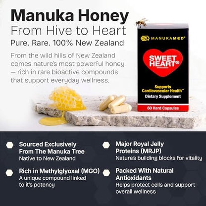 Sweetheart brand Manuka honey and royal jelly peptide capsules label showing dietary supplement facts.
