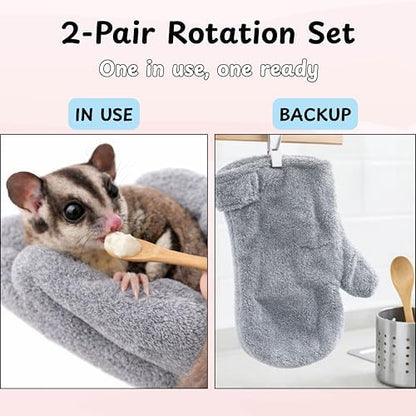 Bite-resistant animal handling gloves used for hedgehog grooming and paw checks.