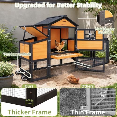 Chicken Coop with Run for 4-6 Chickens, Outdoor Mobile Hen House with Wheels, Easy Clean Nesting Box and Tray, Waterproof Asphalt Roof, Better Airflow, Wooden Poultry Cage, Brown, 81.5"x25.6"x44.1" - Image 5