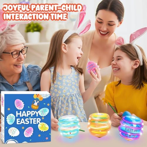 Child using plastic easter egg spinning top toy