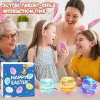 Child using plastic easter egg spinning top toy