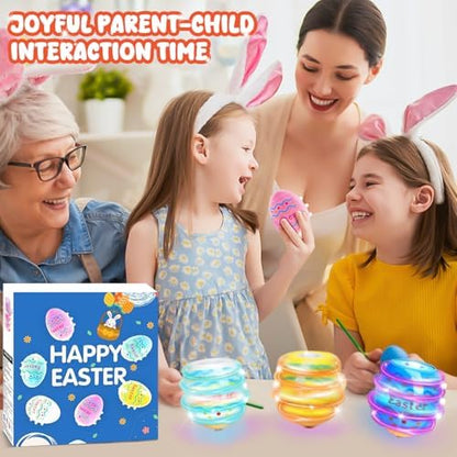 Child using plastic easter egg spinning top toy