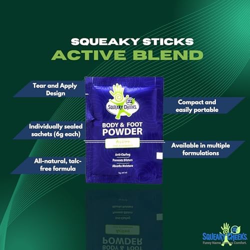 Squeaky Sticks -Active Blend, Talc-Free, All Natural Convenient Single-Use Powder Sachets for Travel, Outdoors & On-the-Go Freshness Relief from Chafing Sweat and Odor (6g X 10 pack) - Image 4