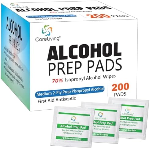 CareLiving Alcohol Prep Pads 200 count box front view medical grade wipes.
