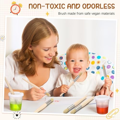 Preschool art supply kit including six piece stencil brushes and leak proof storage cups for crafting.