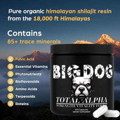 Side view of Bruiseweed Big Dog capsules bottle highlighting the 60 count 30 day supply details.
