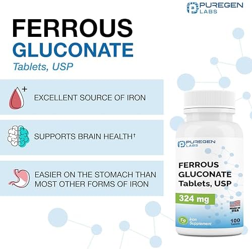 Side profile of authentic USA imported Puregen Labs gentle on stomach ferrous gluconate bottle.